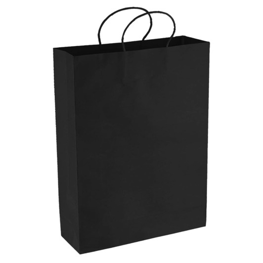 A black paper shopping bag with two handles and a plain surface, featuring a logo.