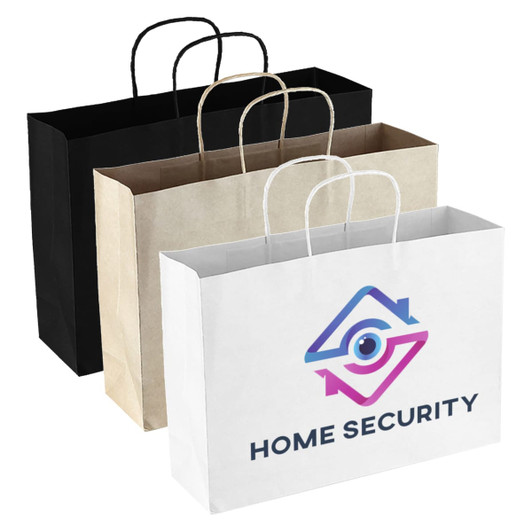 Three paper bags in black, brown, and white, featuring handles and a logo on the white bag.