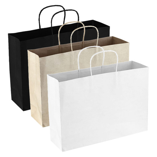 Three paper bags in black, brown, and white, featuring handles and a simple design. Each bag has a logo.