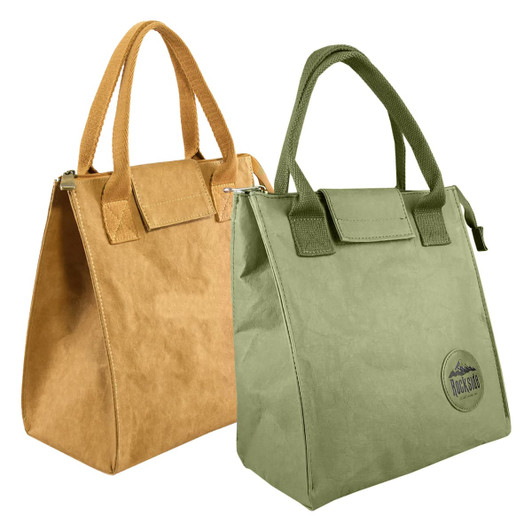 A brown lunch bag and a green lunch bag with handles, featuring a logo on the green bag.