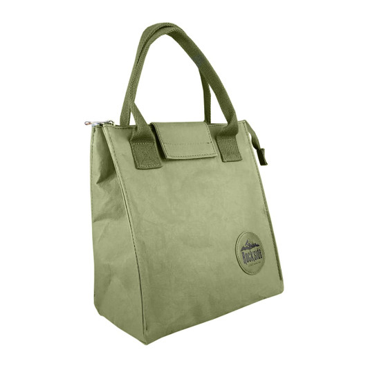 A green lunch bag with a sturdy handle, featuring a patch logo and a zip closure.