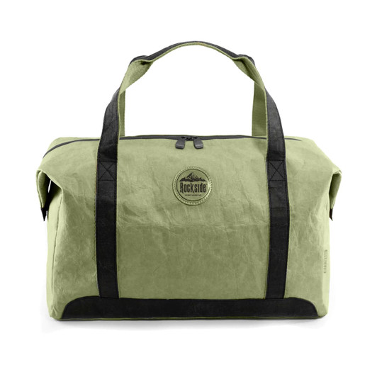 A green kraft paper duffle bag with black handles and a logo on the front.