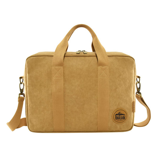 A tan kraft paper satchel with sturdy handles, a shoulder strap, and a logo.