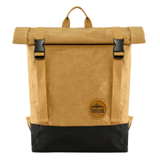 A tan kraft paper laptop backpack with black accents and a logo on the front. Features adjustable straps and a roll-top design.