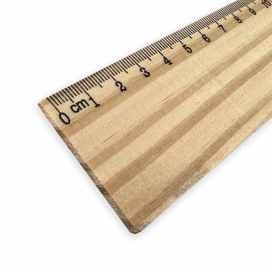 A wooden ruler measuring 30cm with black markings, featuring a natural wood finish. It includes a branding logo.