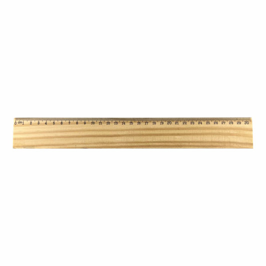 A wooden ruler measuring 30cm, with metric markings along one edge and a natural wood finish.