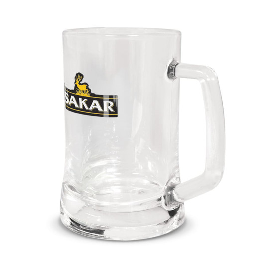 A Munich Beer Mug made of clear glass, featuring a sturdy handle and a logo branded on the front.