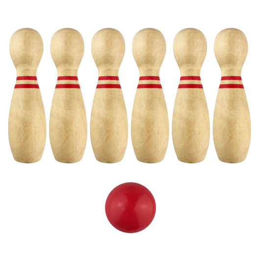A wooden bowling set featuring six pins with red stripes and a red bowling ball, arranged for play.