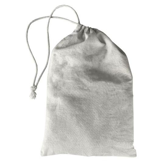 A grey drawstring bag made of soft fabric, featuring a gathered top with a cord for closure.