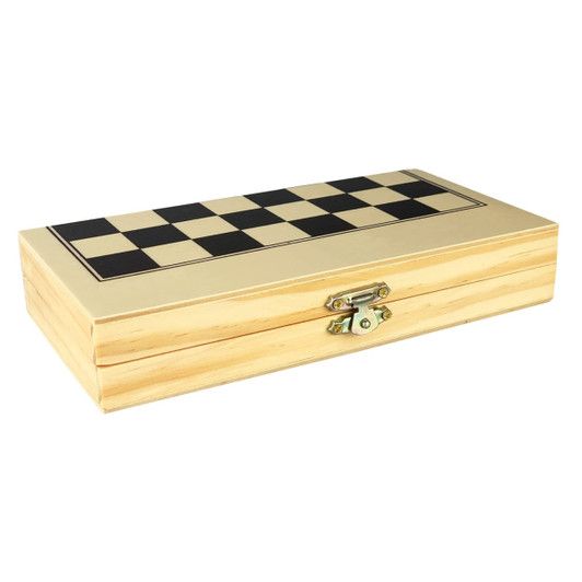 A wooden play case featuring a black and cream checkerboard design, with a secure clasp for closure.