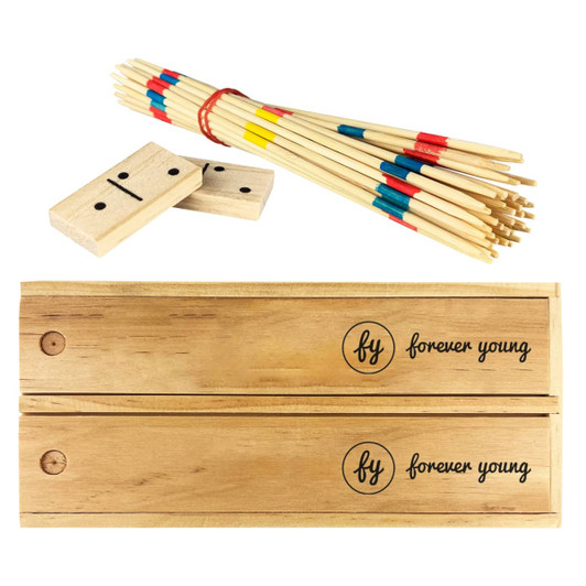 A wooden play set featuring multicoloured pick-up sticks and dominoes, presented in a branded wooden box.