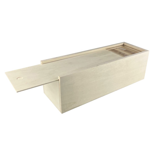 A wooden box containing a large Jenga set with multiple wooden blocks and a sliding lid, featuring a natural finish.