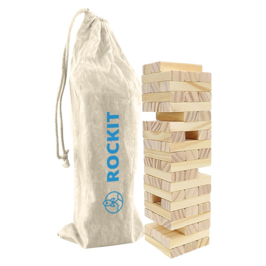 A Jenga set featuring natural wooden blocks stacked beside a light-coloured drawstring bag with branding.