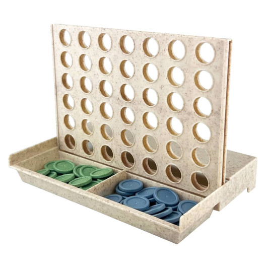 A Wheat Straw Connect Four game featuring a beige frame with green and blue discs in designated slots.