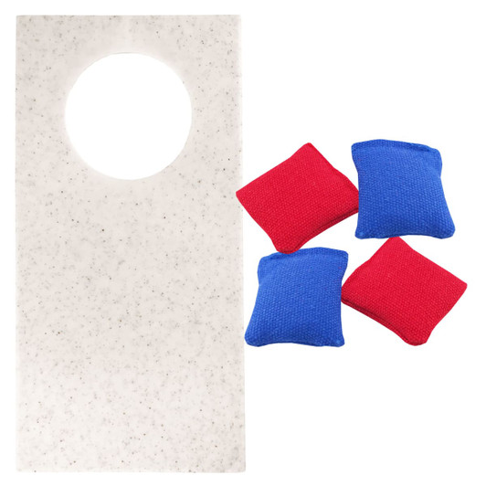 Wheat straw cornhole board in white with a circular hole, accompanied by red and blue bean bags.