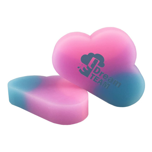 A pink and blue cloud-shaped rubber eraser with a logo, designed for writing and erasing.