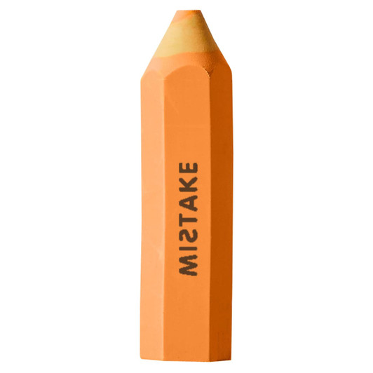 An orange pencil-shaped rubber eraser with a text design on the side and a flat tip.