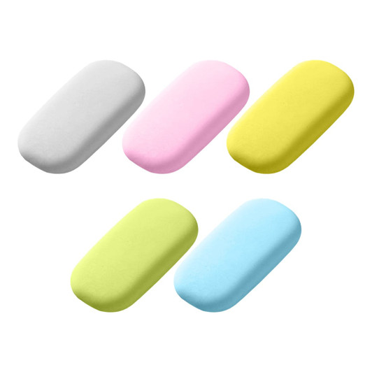 A collection of five rubber erasers in white, pink, yellow, green, and blue, featuring an oval shape and a brand logo.