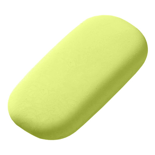 A lime green rubber eraser with a smooth, rounded rectangular shape. It has a simple design and a branding logo.