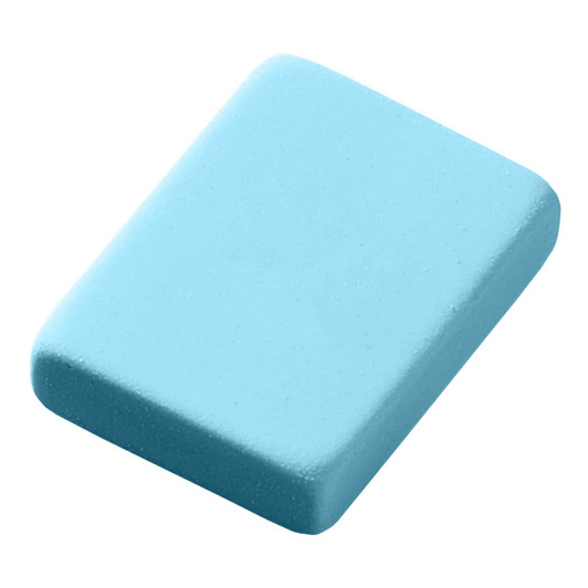A blue rectangular rubber eraser with a smooth texture and rounded edges, featuring a logo on one side.