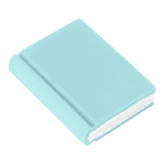 A book-shaped rubber eraser in a light turquoise colour with a glossy finish and a white edge.