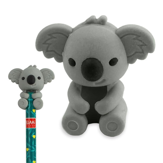 A koala-shaped pencil-top rubber eraser in grey, featuring a cute sitting pose and detailed ears.