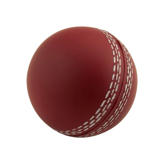 A red stress cricket ball with white stitched detailing, featuring a logo.
