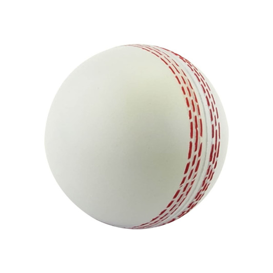 A white stress cricket ball featuring red stitching and a smooth surface. It has a logo on one side.
