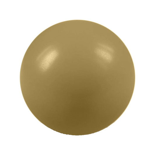 A round stress ball in a muted beige colour, featuring a smooth surface and a shiny finish.