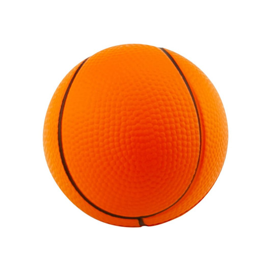 An orange stress ball shaped like a basketball, featuring textured surface and black lines. It has a logo visible.