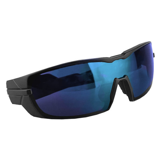 Black sunglasses with blue mirrored lenses, featuring a sporty design and an included logo.