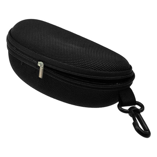 A black zippered case with a textured surface and a clip, ideal for holding glasses or small accessories.