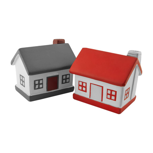 Two stress relief house shapes, one grey with a red chimney and one red roof, both in red, white, and grey.