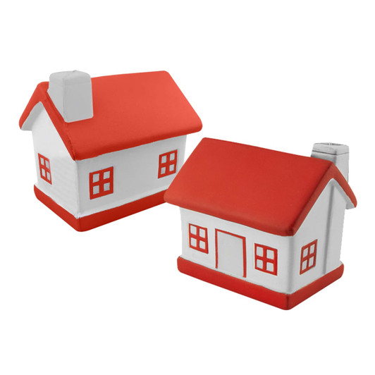Two stress relief toy houses with red roofs and white walls, featuring windows and doors. One has a chimney.
