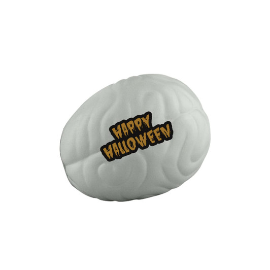 A grey foam stress brain with a logo and Halloween-themed text on the surface.