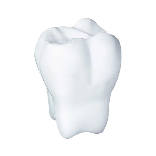 A white stress toy shaped like a tooth, featuring smooth surfaces and rounded edges. It has a logo on it.