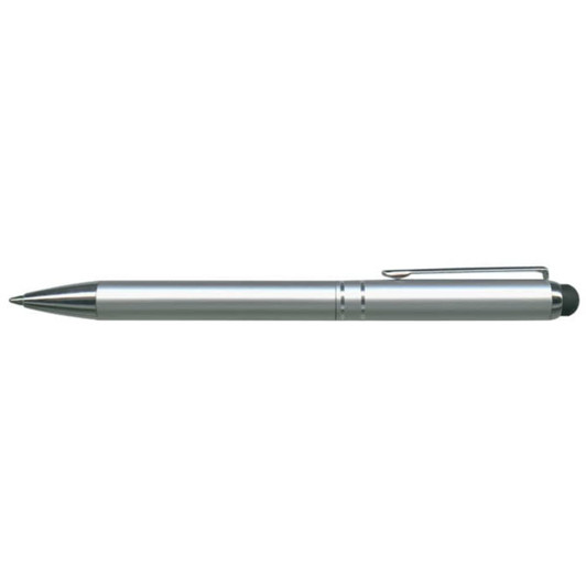 A metal stylus pen with a sleek silver design and a black tip for touchscreen use.