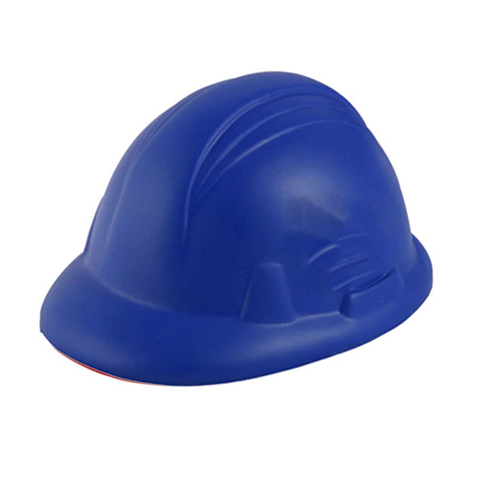 A blue stress hard hat with a smooth surface and a simple design. It features a logo.