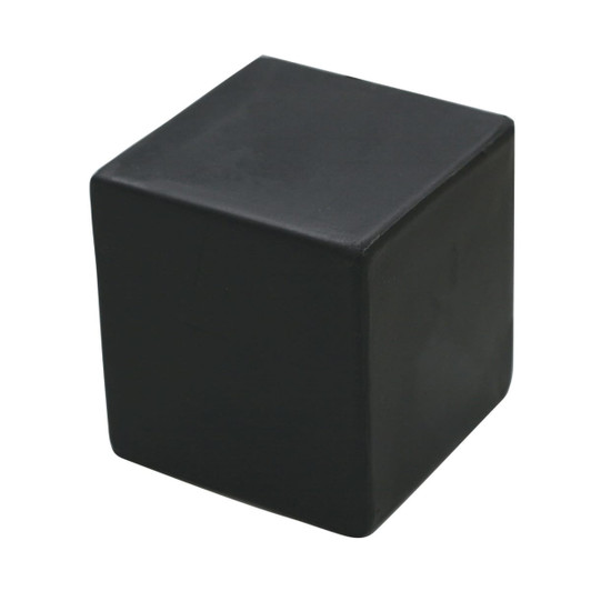 A black stress cube with a smooth, soft texture and rounded edges. It features a logo on one side.