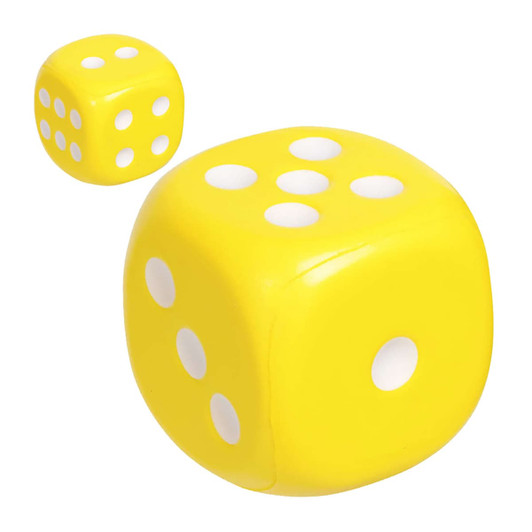 A pair of yellow dice, one large and one small, featuring white dots on each face. The image includes a logo.