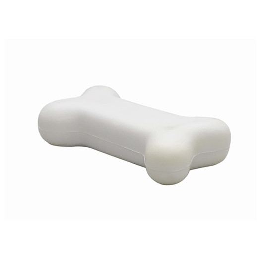 A white stress relief toy shaped like a dog bone, with a smooth, rounded design. It features a logo on the side.