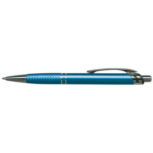 A metal pen in a vibrant blue finish featuring a textured grip and a sleek clip.