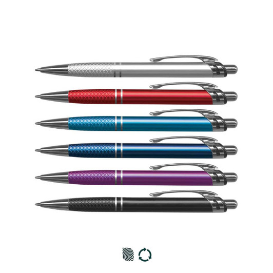 A collection of six metal pens in silver, red, blue, purple, and black, featuring various textured grips and a logo.