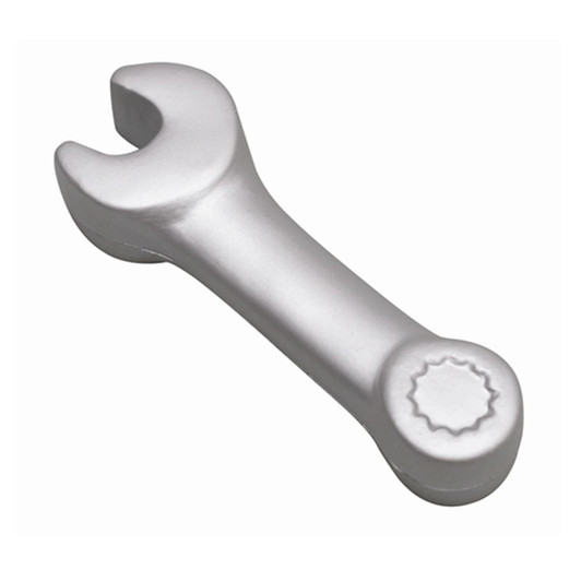 A silver stress spanner shaped like a wrench, with a round end and an open jaw. It has a simple, smooth design.