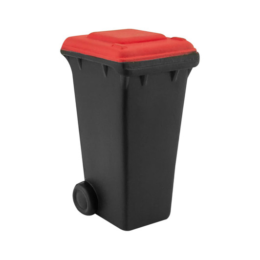 A small, black stress rubbish bin with a red lid and a wheel, featuring a simplistic design.