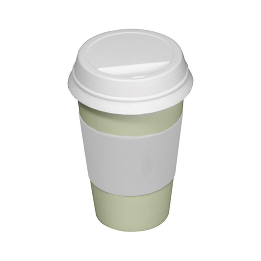 A green and white stress coffee cup with a removable lid, featuring a smooth surface and an imprinted logo.