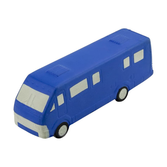 A blue stress relief bus with white details and wheels, featuring a logo on its side.