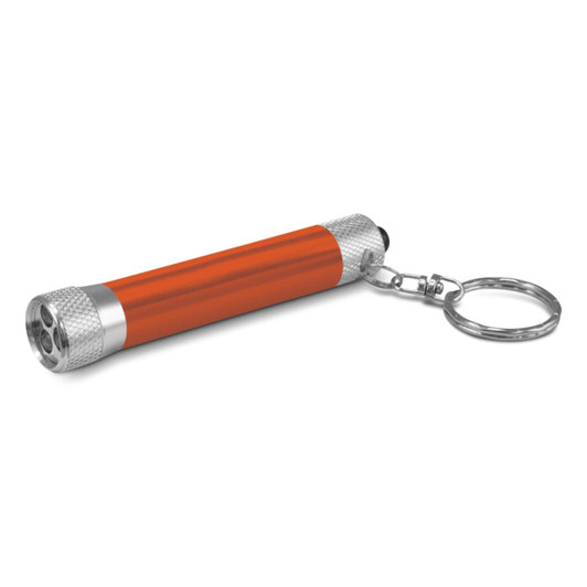 A Titan Torch Key Ring in vibrant orange with a silver keychain attachment and a textured grip on the end.
