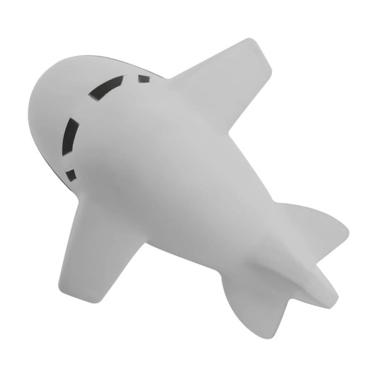 A white stress relief aeroplane with smooth contours and a simple design. It features a logo on the surface.