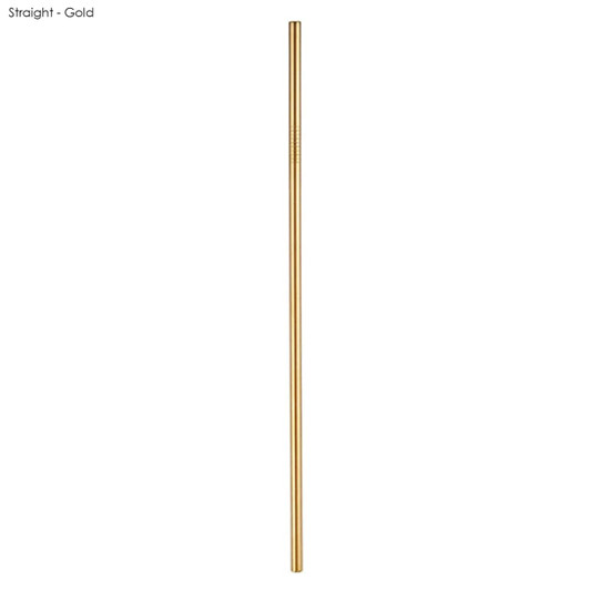 A straight stainless steel straw in gold, measuring 6mm x 266mm, with a simple design and logo.
